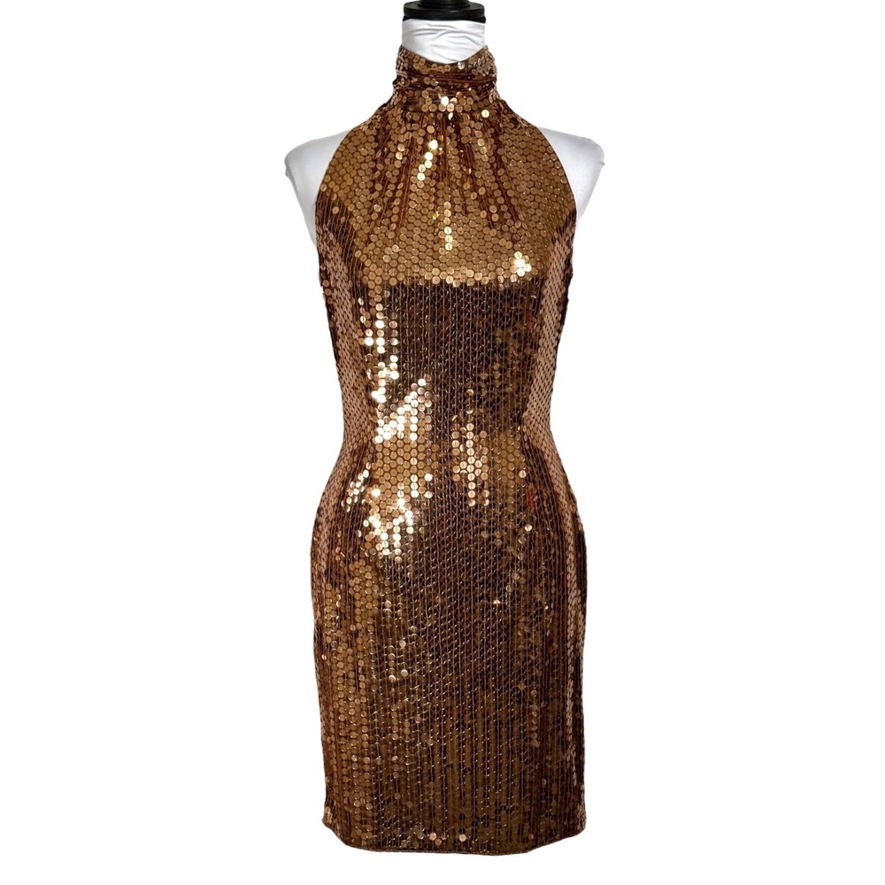 Vintage Lillie Rubin Gold Sequin Mock Neck Halter Dress Sz M Cutout Disco Glam